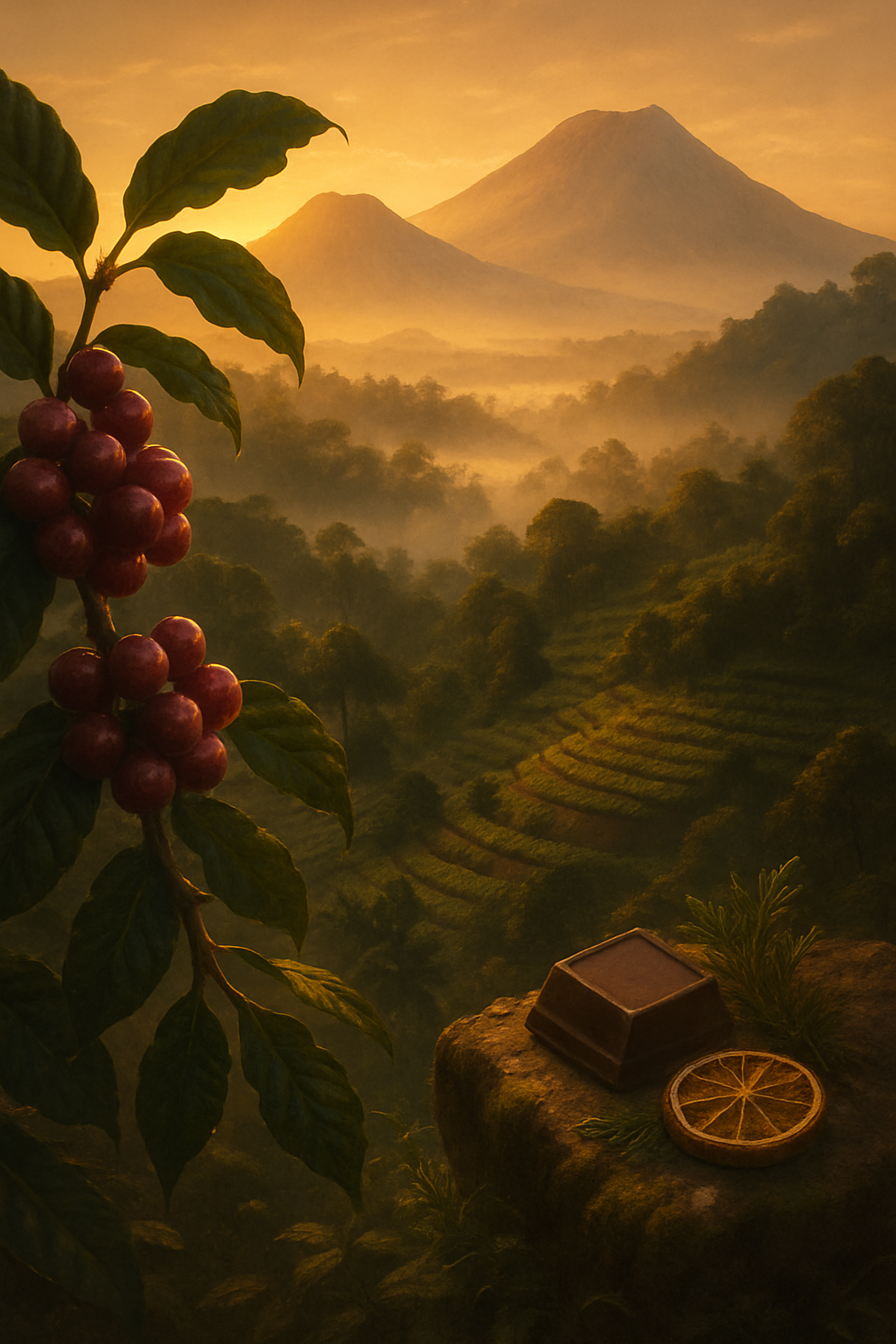 West Java Blue Batavia coffee landscape — volcanic peaks, terraced hillsides, golden-hour sunrise