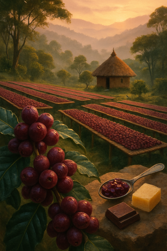 Ethiopia Misty Valley Natural — painterly highland landscape at sunrise