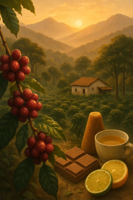 Mexico Organic Chiapas — painterly Sierra Madre landscape at sunrise